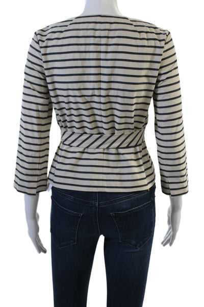 J Crew Women Striped Beige 3/4 Sleeve Blouse Nautical Round Neck Size 0