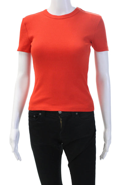 Zara Women Basic Jersey T-Shirt Red Short Sleeve Crew Neck Zip Size S