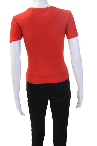 Zara Women Basic Jersey T-Shirt Red Short Sleeve Crew Neck Zip Size S