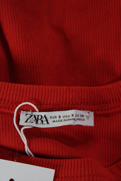 Zara Women Basic Jersey T-Shirt Red Short Sleeve Crew Neck Zip Size S