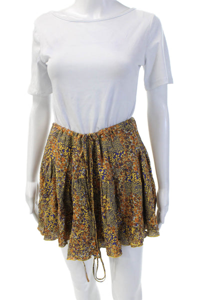 Free People Women Peasant Flare Mini Skirt Blue Floral 100% Viscose Size 40