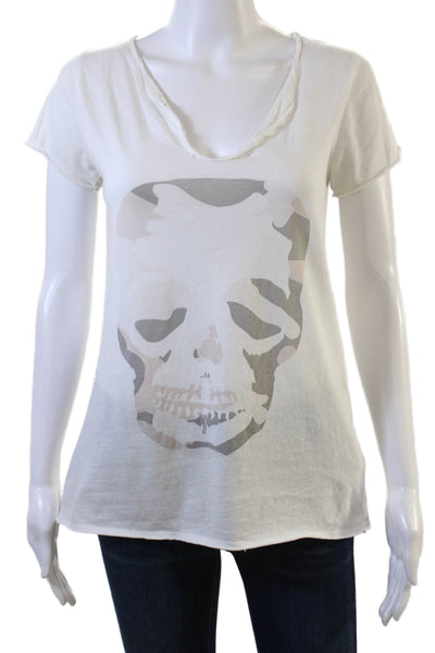Zadig & Voltaire Women White Skull Graphic V-Neck T-Shirt Cotton Size S