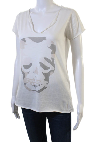 Zadig & Voltaire Women White Skull Graphic V-Neck T-Shirt Cotton Size S
