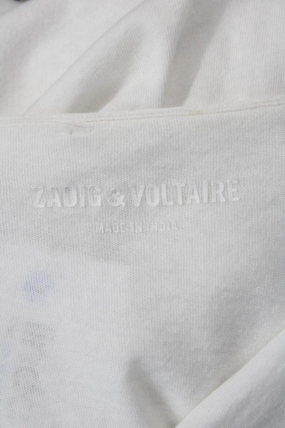 Zadig & Voltaire Women White Skull Graphic V-Neck T-Shirt Cotton Size S