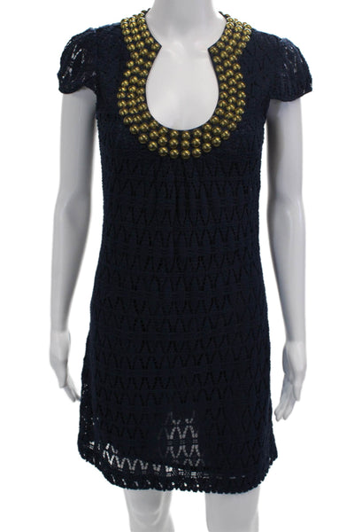 Trina Turk Women Shift Dress Dark Blue Cotton Short Sleeve Size 0