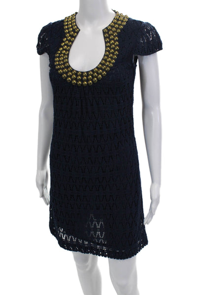 Trina Turk Women Shift Dress Dark Blue Cotton Short Sleeve Size 0