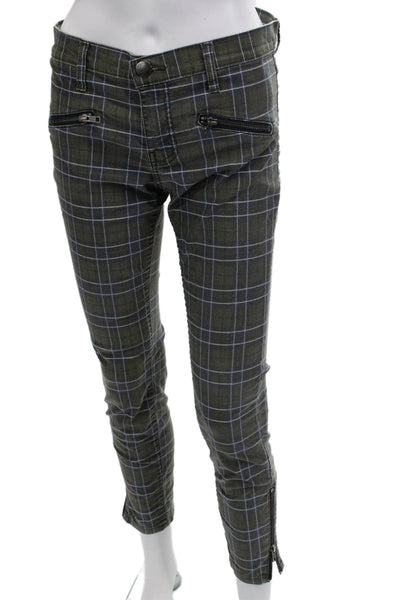 Current/Elliott Womens Cropped Ankle Plaid Pants Green Size 27