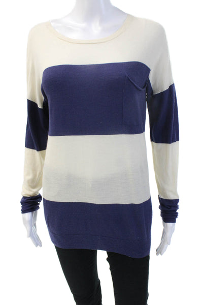 Theory Women Beige Striped Wool Round Neck Long Sleeve Sweater Size L