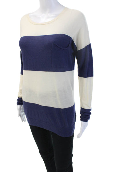 Theory Women Beige Striped Wool Round Neck Long Sleeve Sweater Size L