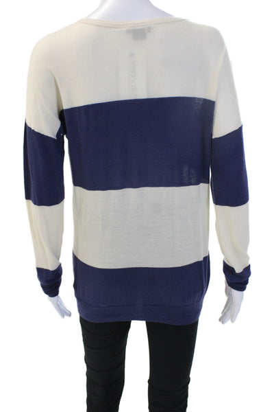 Theory Women Beige Striped Wool Round Neck Long Sleeve Sweater Size L