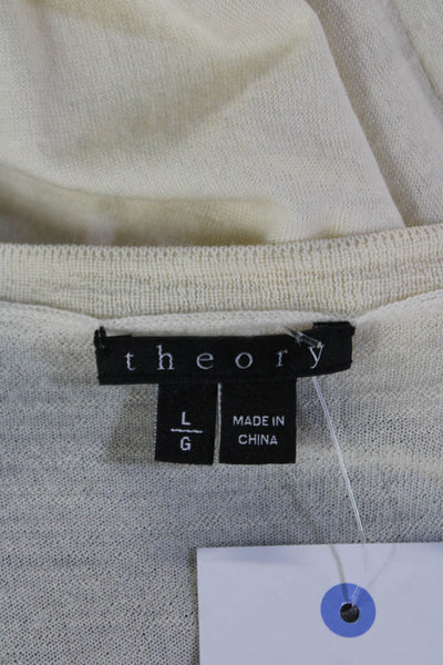 Theory Women Beige Striped Wool Round Neck Long Sleeve Sweater Size L