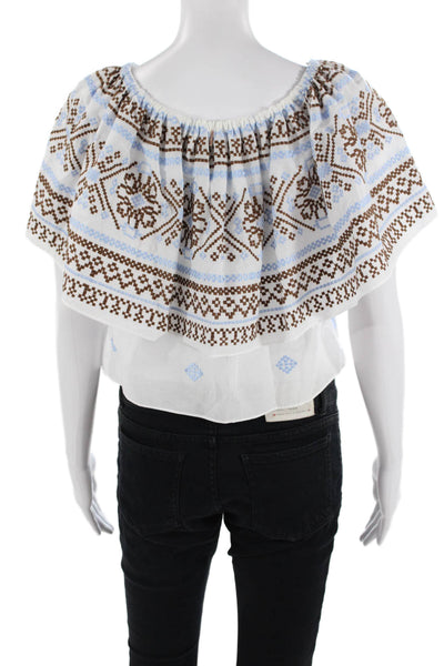 Misa Women Cropped Sleeveless Geometric Cotton Blouse White Round Neck Size XS
