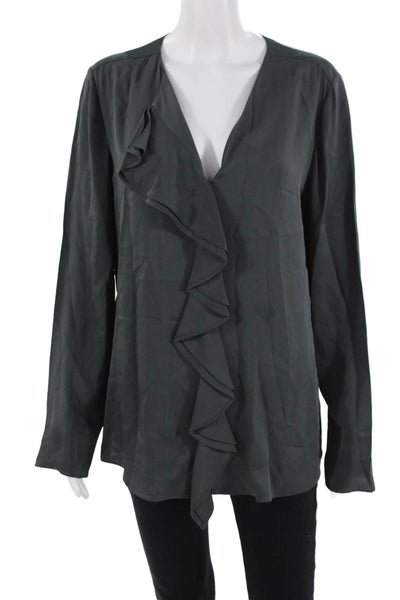 Theory Women Dark Gray Silk V-Neck Long Sleeve Blouse Size L