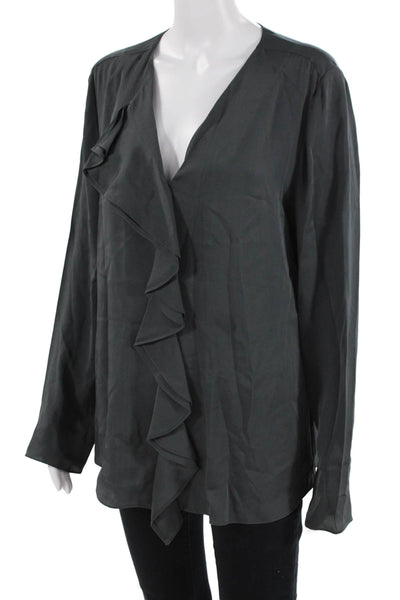Theory Women Dark Gray Silk V-Neck Long Sleeve Blouse Size L
