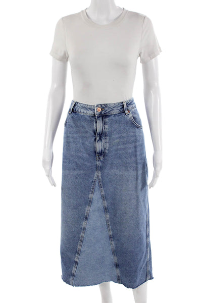 Zara Women A-Line Midi Skirt Blue Cotton Size XL