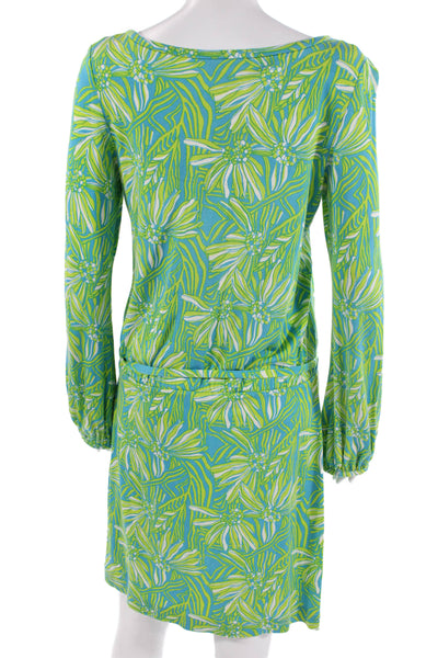 Lily Pulitzer Women Blouson Shift Dress Blue Floral Long Sleeve Size M