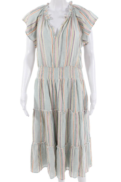 Rails Women Sundress Light Blue Striped V-Neck Short Sleeve Long Size L