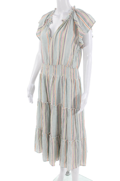 Rails Women Sundress Light Blue Striped V-Neck Short Sleeve Long Size L
