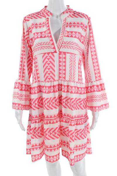 Designer Women Kaftan Dress Pink V-Neck Geometric Nylon Long Sleeve Size M