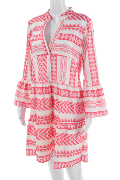 Designer Women Kaftan Dress Pink V-Neck Geometric Nylon Long Sleeve Size M