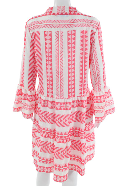 Designer Women Kaftan Dress Pink V-Neck Geometric Nylon Long Sleeve Size M