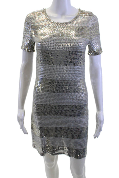 Design History Womens Shift Dress Gray Striped Short Sleeve Round Neck Size M