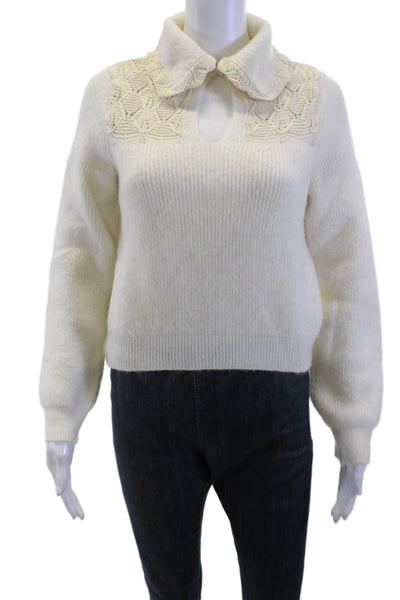 MNG Women Pullover Collared Button Beige Acrylic Polyester Sweaters Size XS