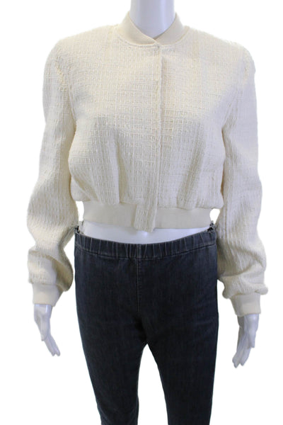 Zara Women Bomber Jacket Beige Acrylic Hook & Eye Long Sleeve Crew Neck Size XS