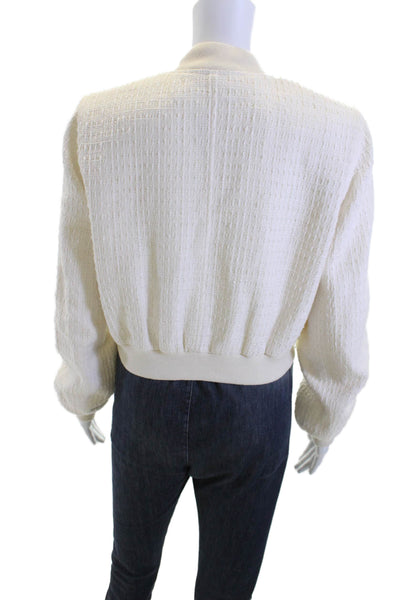 Zara Women Bomber Jacket Beige Acrylic Hook & Eye Long Sleeve Crew Neck Size XS