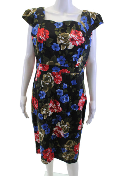 J. Peterman Women Fit & Flare Dress Black Floral Square Neck Size 14
