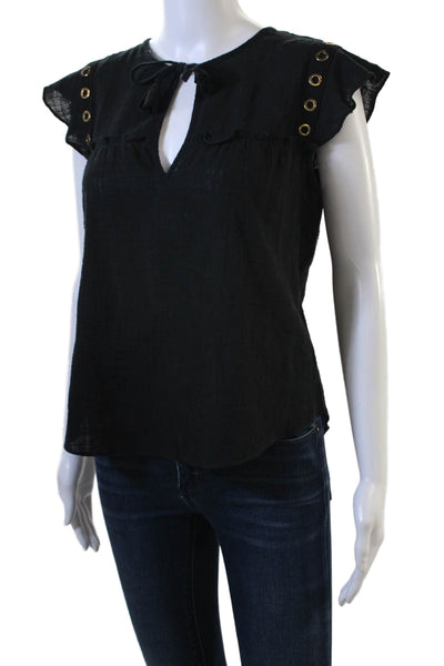 Misa Womens Black Bohemian Blouse Cap Sleeve Drawstring Size XS