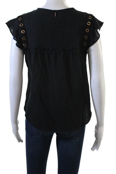 Misa Womens Black Bohemian Blouse Cap Sleeve Drawstring Size XS