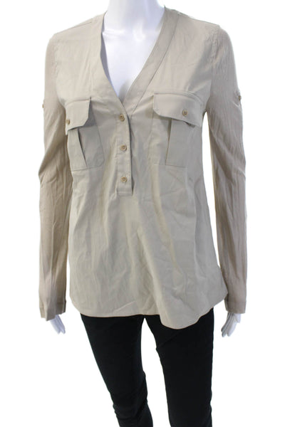 BCBGMAXAZRIA Women Beige V-Neck Long Sleeve Tunic Button-Up Petite Size S