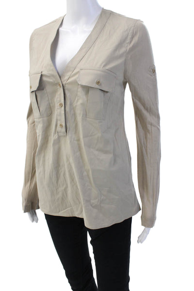 BCBGMAXAZRIA Women Beige V-Neck Long Sleeve Tunic Button-Up Petite Size S