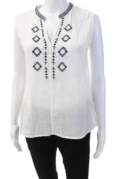 Hartford Womens Sleeveless V-Neck Tunic Blouse White Geometric Cotton Size 1