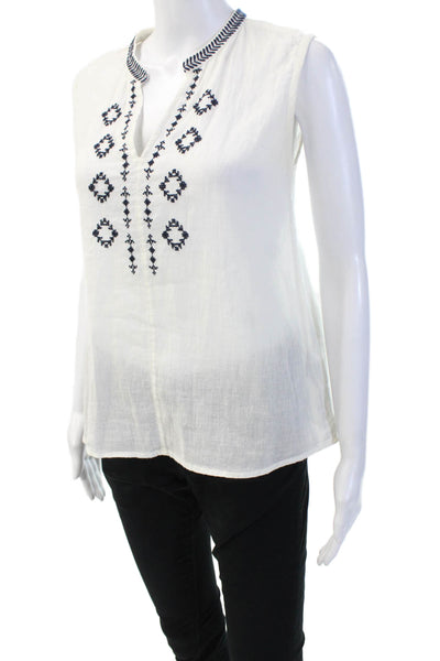 Hartford Womens Sleeveless V-Neck Tunic Blouse White Geometric Cotton Size 1