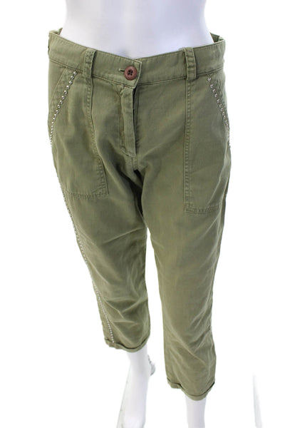 Monrow, Womens Cropped Khaki Pants Army Green Button Cotton Size 25