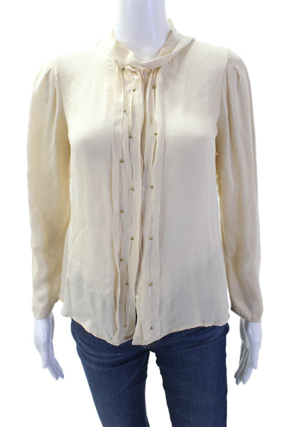Carolina Herrera Womens High Neck Long Sleeve Silk Blouse Beige Size 4