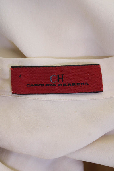 Carolina Herrera Womens High Neck Long Sleeve Silk Blouse Beige Size 4