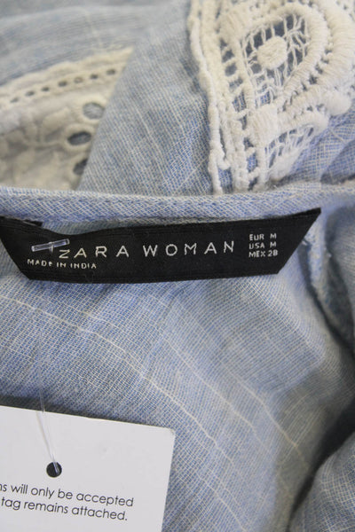 Zara Woman Women Light Blue Sleeveless Tunic Button Crewneck Cotton Size M