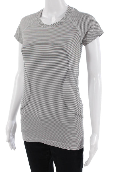 Lululemon Women Striped Crew Neck Short Sleeve Basic T-Shirt Gray Size S