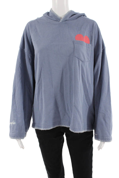 Designer Women Pullover Hoodie Blue Graphic Dog Long Sleeve Size S