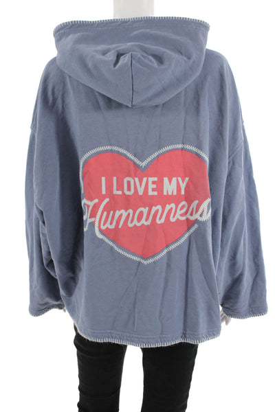 Designer Women Pullover Hoodie Blue Graphic Dog Long Sleeve Size S