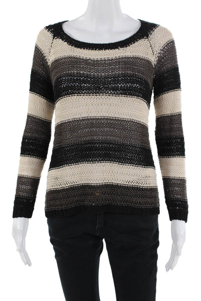 525 America Women Striped Boho Linen-Blend Pullover Beige Long Sleeve Size S