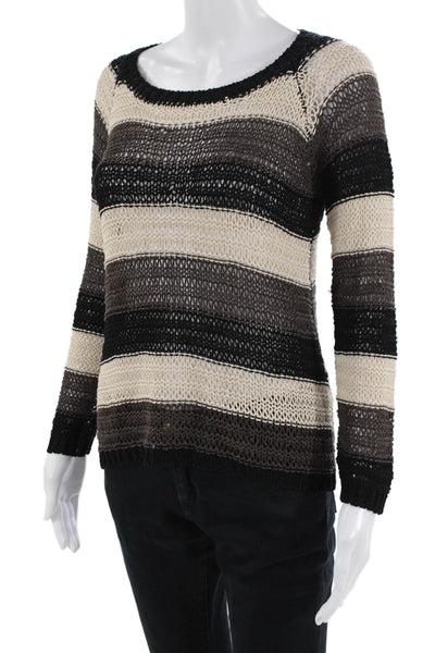 525 America Women Striped Boho Linen-Blend Pullover Beige Long Sleeve Size S