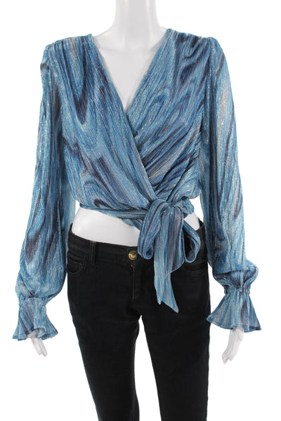 Ramy Brook Women Blue Metallic V-Neck Long Sleeve Blouse Size XS