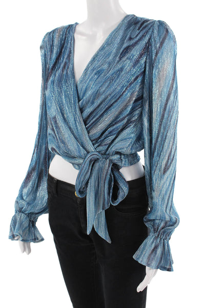 Ramy Brook Women Blue Metallic V-Neck Long Sleeve Blouse Size XS