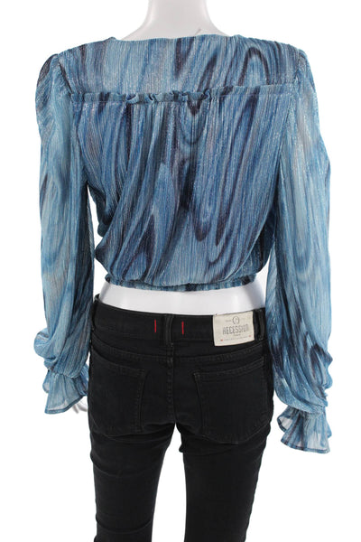 Ramy Brook Women Blue Metallic V-Neck Long Sleeve Blouse Size XS