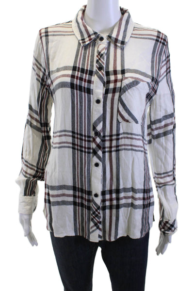 Rails Womens Plaid Rayon Collared Button-Up Shirt White Long Sleeve Size M