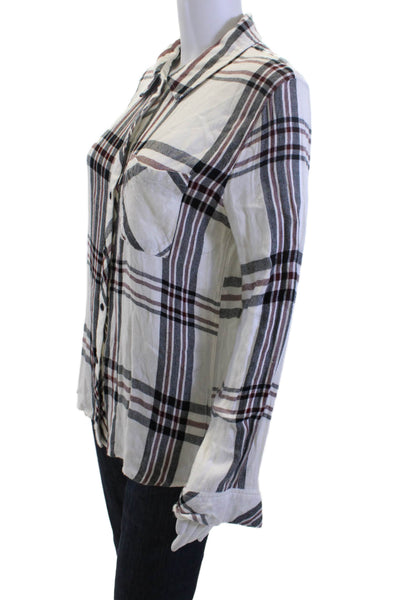 Rails Womens Plaid Rayon Collared Button-Up Shirt White Long Sleeve Size M